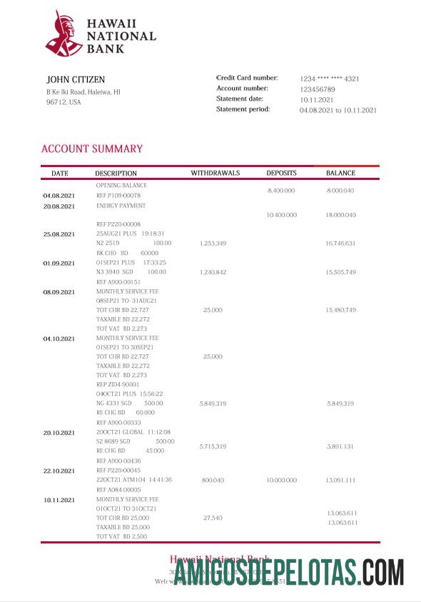Modelo realista de extrato bancário nacional do Havaí, Havaí, Word e PDF